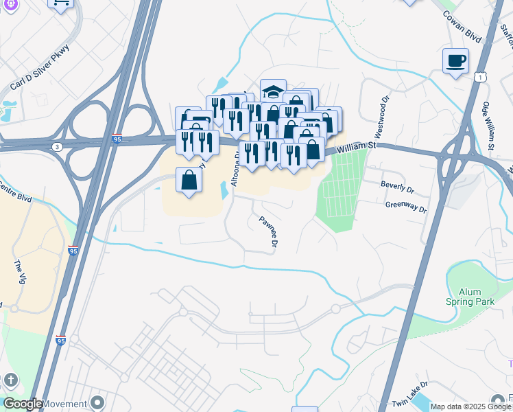map of restaurants, bars, coffee shops, grocery stores, and more near 2 Pawnee Drive in Fredericksburg