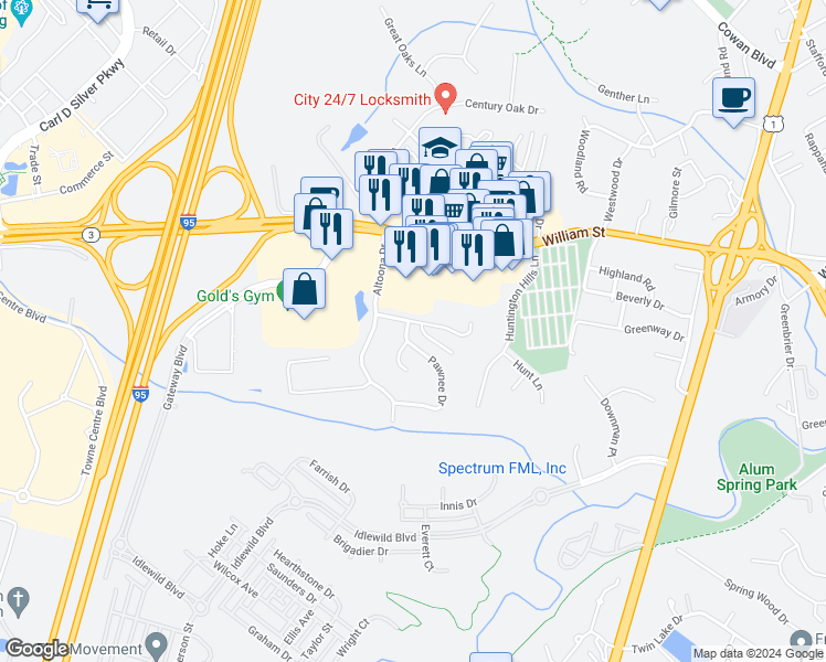 map of restaurants, bars, coffee shops, grocery stores, and more near 2 Pawnee Drive in Fredericksburg