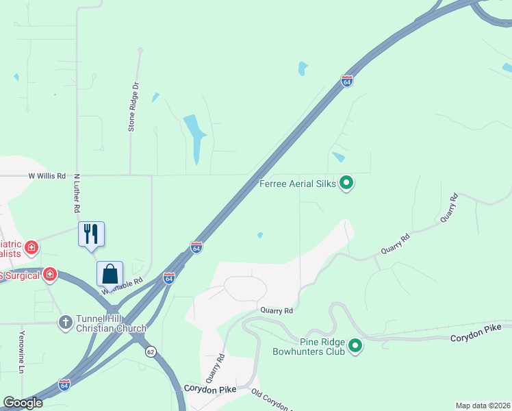 map of restaurants, bars, coffee shops, grocery stores, and more near 1525 East Willis Road in New Albany
