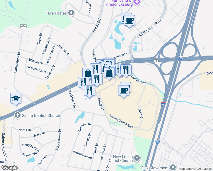map of restaurants, bars, coffee shops, grocery stores, and more near 310 Towne Centre Boulevard in Fredericksburg