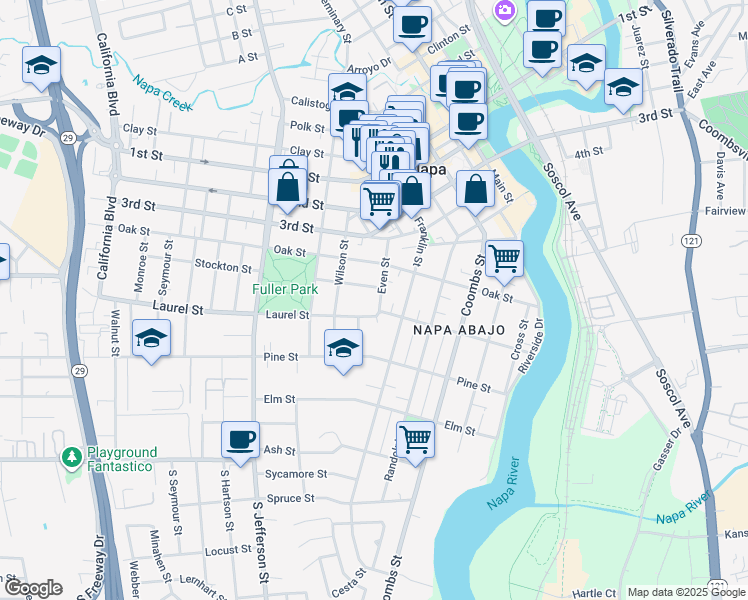 map of restaurants, bars, coffee shops, grocery stores, and more near 435 Even Street in Napa
