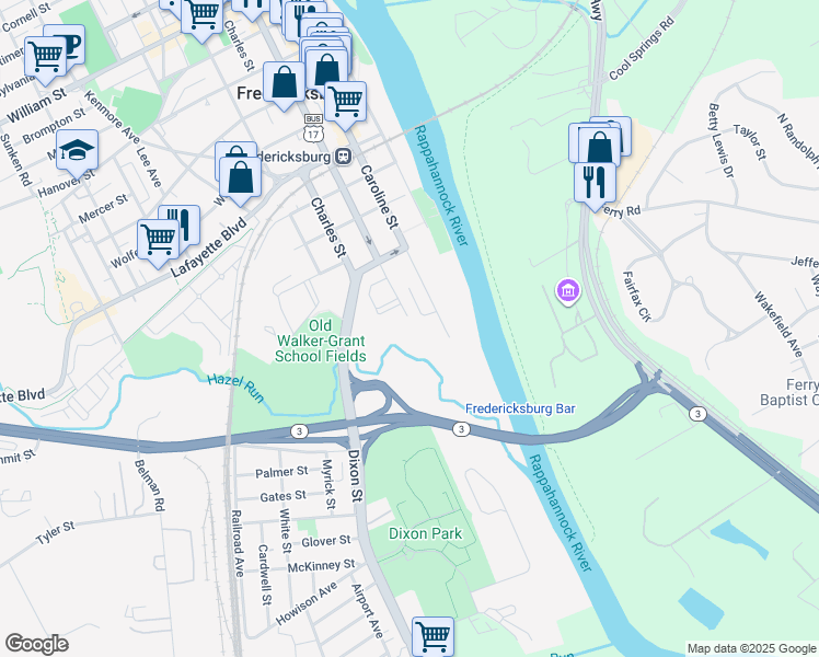 map of restaurants, bars, coffee shops, grocery stores, and more near 100 Princess Anne Street in Fredericksburg