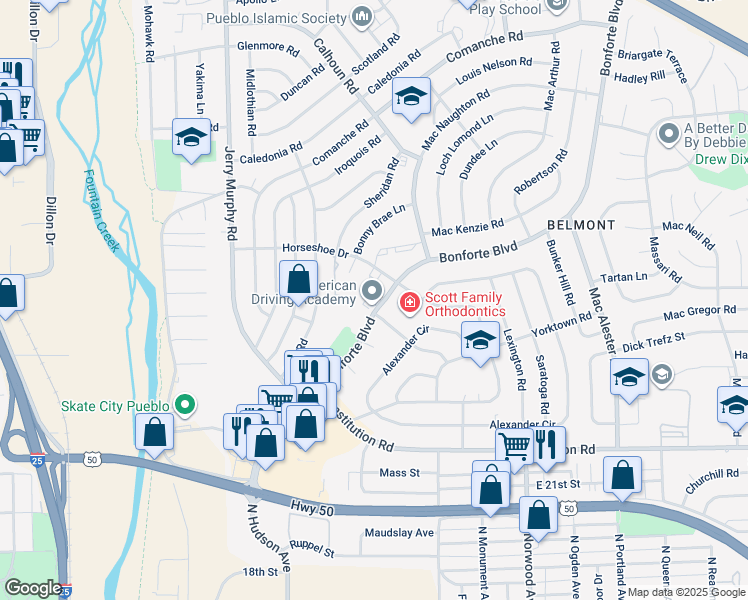 map of restaurants, bars, coffee shops, grocery stores, and more near 1615 Bonforte Boulevard in Pueblo