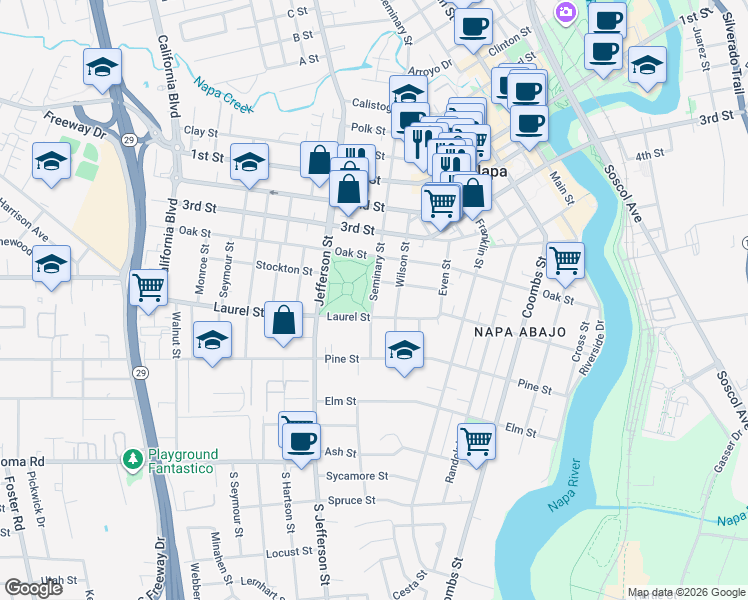 map of restaurants, bars, coffee shops, grocery stores, and more near 552 Seminary Street in Napa