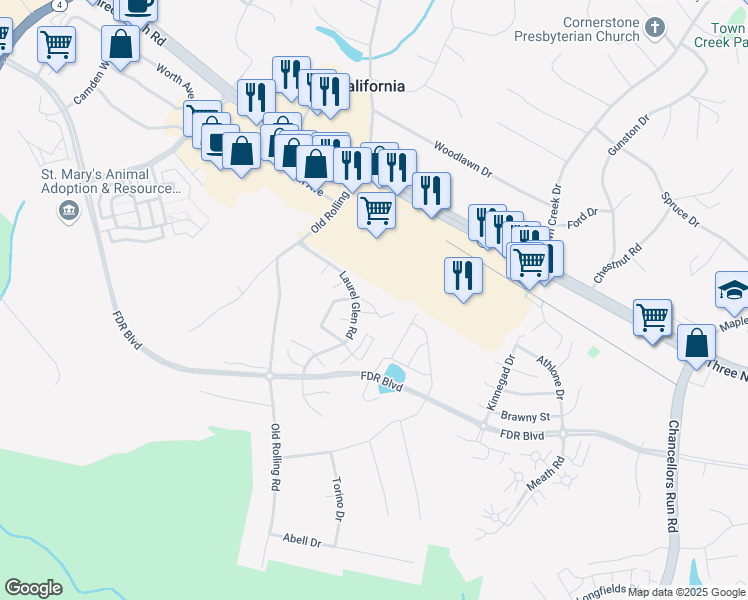 map of restaurants, bars, coffee shops, grocery stores, and more near 22780 Laurel Glen Road in California