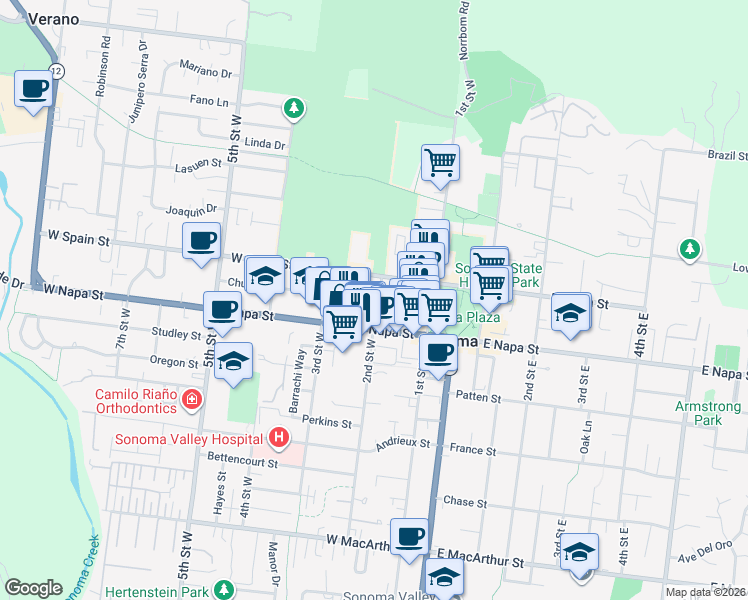 map of restaurants, bars, coffee shops, grocery stores, and more near 431 2nd Street West in Sonoma