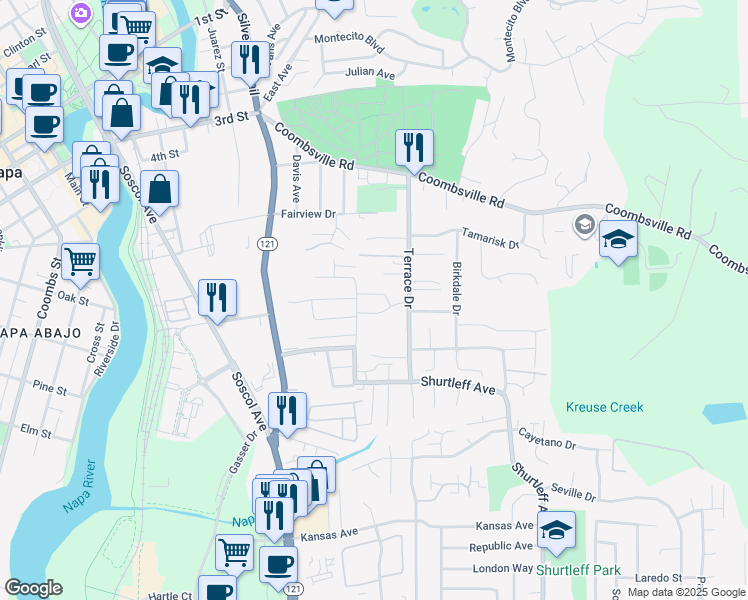 map of restaurants, bars, coffee shops, grocery stores, and more near 38 Sage Way in Napa