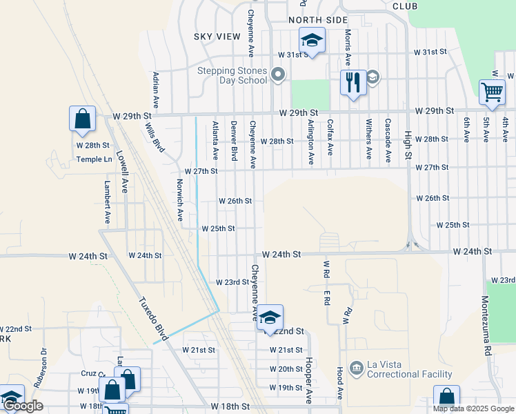 map of restaurants, bars, coffee shops, grocery stores, and more near 2528 Cheyenne Avenue in Pueblo