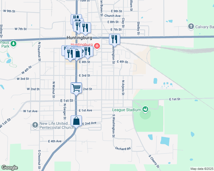map of restaurants, bars, coffee shops, grocery stores, and more near 210 N Washington St in Huntingburg