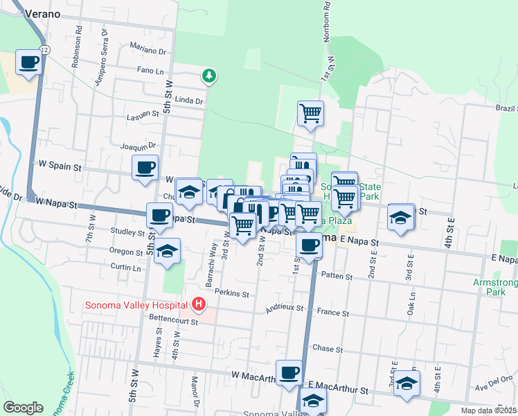 map of restaurants, bars, coffee shops, grocery stores, and more near 431 2nd Street West in Sonoma