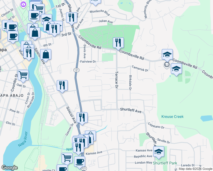 map of restaurants, bars, coffee shops, grocery stores, and more near 38 Sage Way in Napa