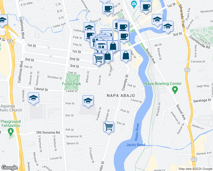 map of restaurants, bars, coffee shops, grocery stores, and more near 466 Franklin Street in Napa