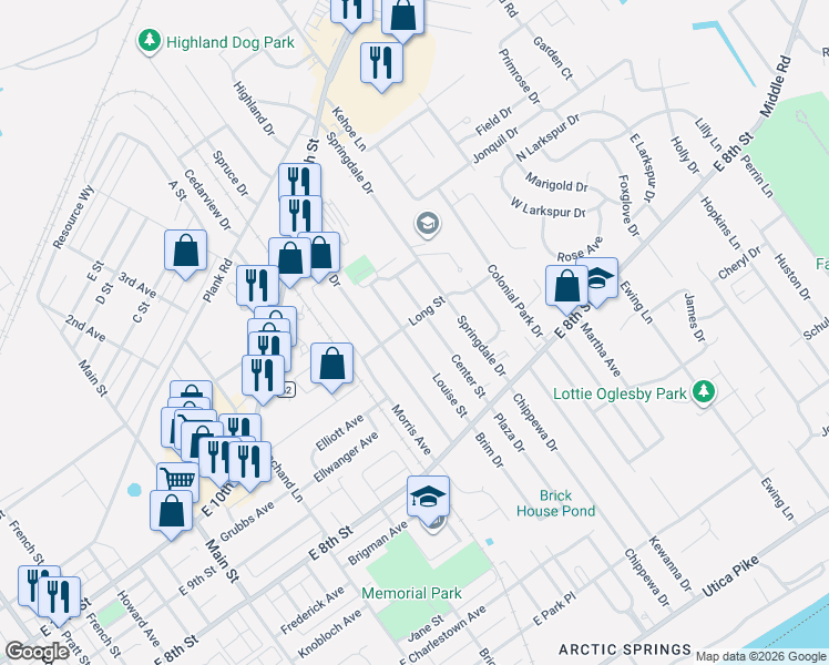 map of restaurants, bars, coffee shops, grocery stores, and more near 42 Louise Street in Jeffersonville