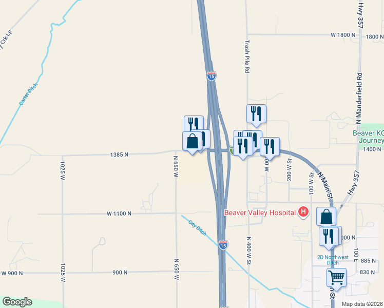map of restaurants, bars, coffee shops, grocery stores, and more near 681 West 1400 North in Beaver