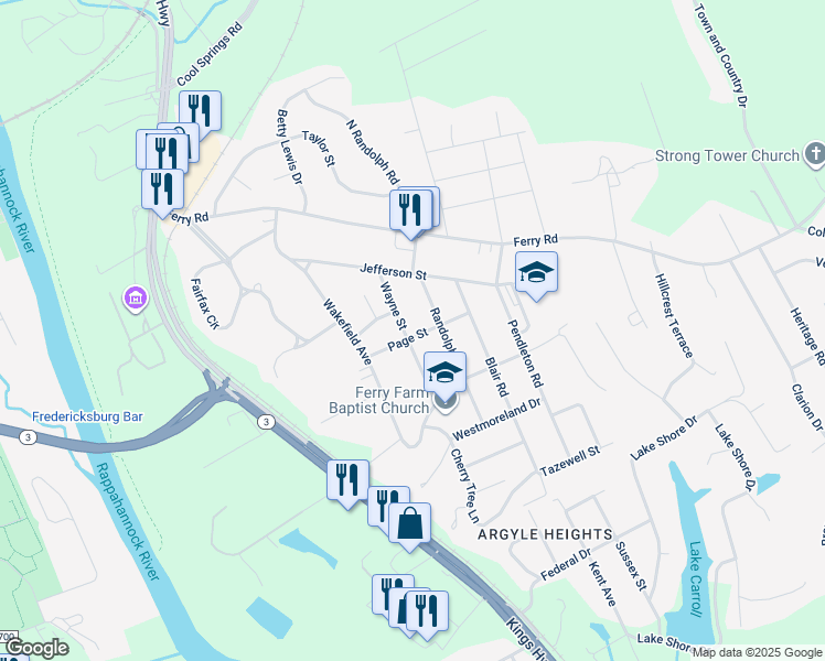 map of restaurants, bars, coffee shops, grocery stores, and more near 18 Wayne Street in Fredericksburg