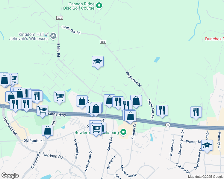 map of restaurants, bars, coffee shops, grocery stores, and more near 6245 Autumn Leaf Drive in Fredericksburg