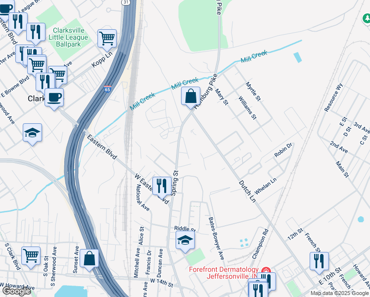 map of restaurants, bars, coffee shops, grocery stores, and more near 2008 Spring Street in Jeffersonville