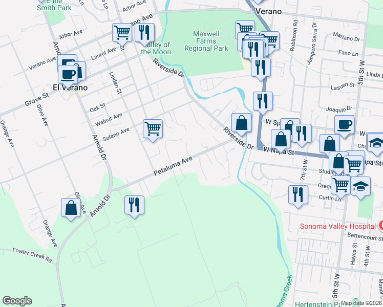 map of restaurants, bars, coffee shops, grocery stores, and more near 401 Petaluma Avenue in Sonoma