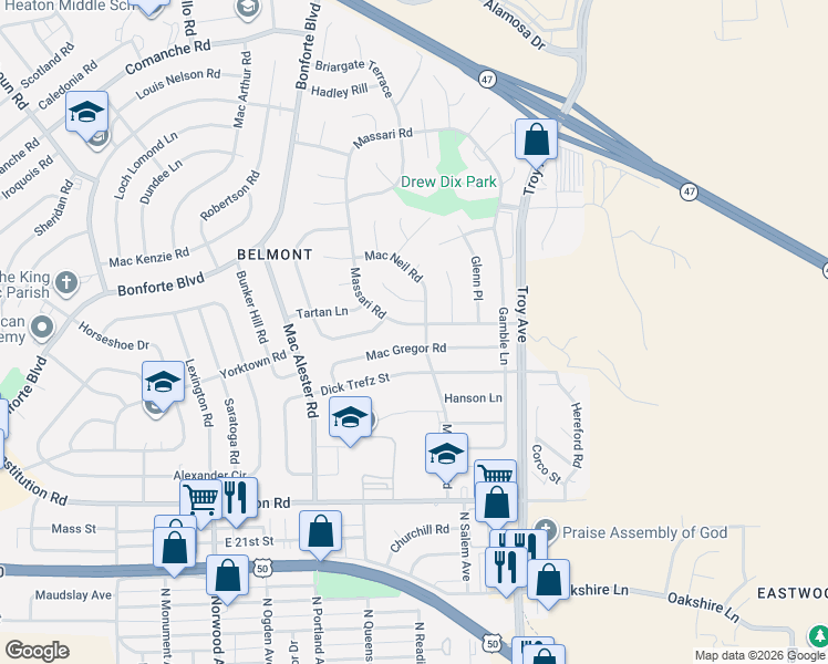 map of restaurants, bars, coffee shops, grocery stores, and more near 36 Massari Road in Pueblo