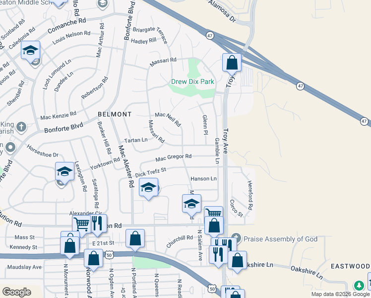 map of restaurants, bars, coffee shops, grocery stores, and more near 36 Massari Road in Pueblo
