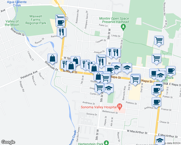 map of restaurants, bars, coffee shops, grocery stores, and more near 602 West Napa Street in Sonoma