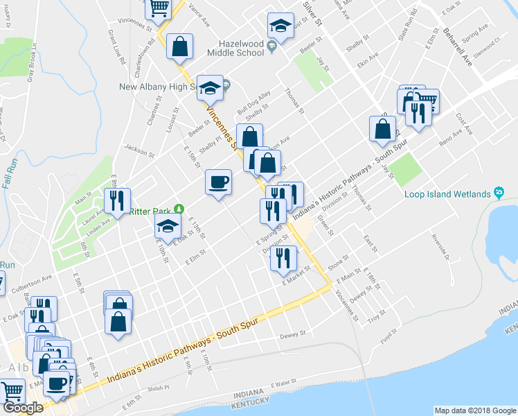 map of restaurants, bars, coffee shops, grocery stores, and more near 1609 East Elm Street in New Albany