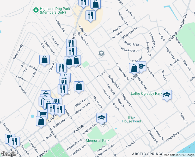 map of restaurants, bars, coffee shops, grocery stores, and more near 42 Louise Street in Jeffersonville
