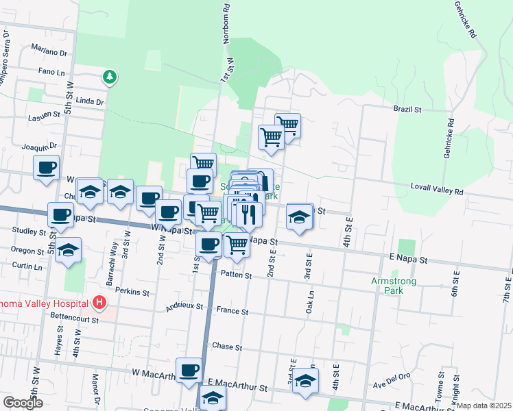 map of restaurants, bars, coffee shops, grocery stores, and more near 131 East Spain Street in Sonoma