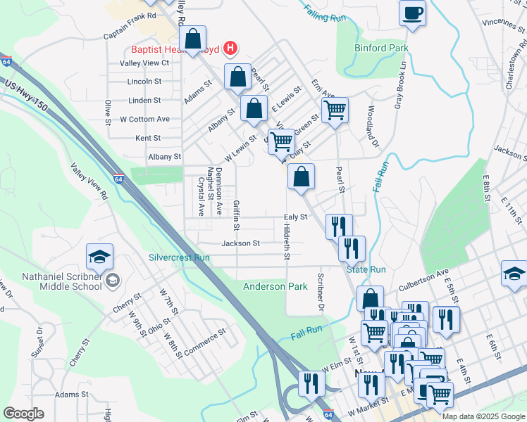 map of restaurants, bars, coffee shops, grocery stores, and more near 232 Ealy Street in New Albany
