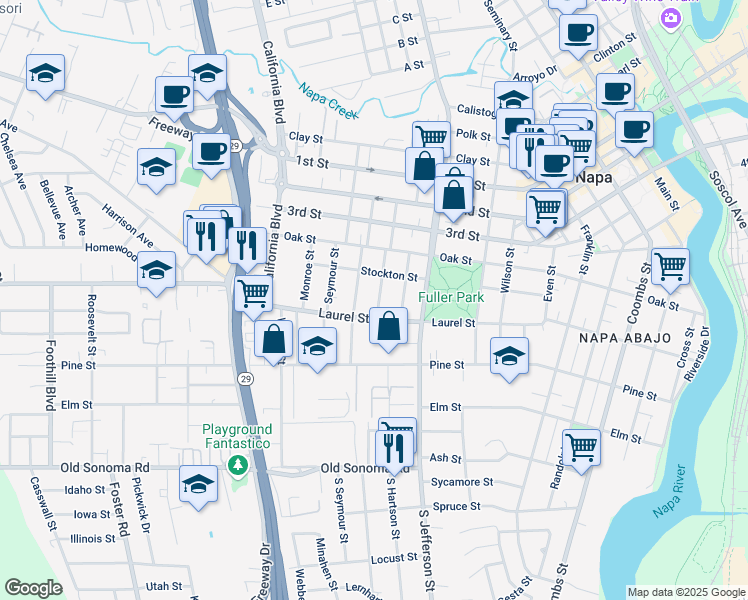 map of restaurants, bars, coffee shops, grocery stores, and more near 541 Patchett Street in Napa