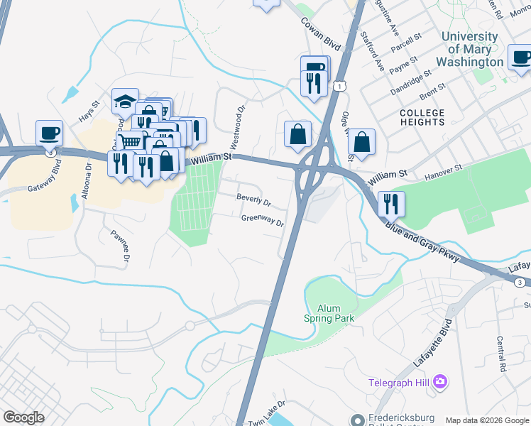 map of restaurants, bars, coffee shops, grocery stores, and more near 1709 Greenway Drive in Fredericksburg