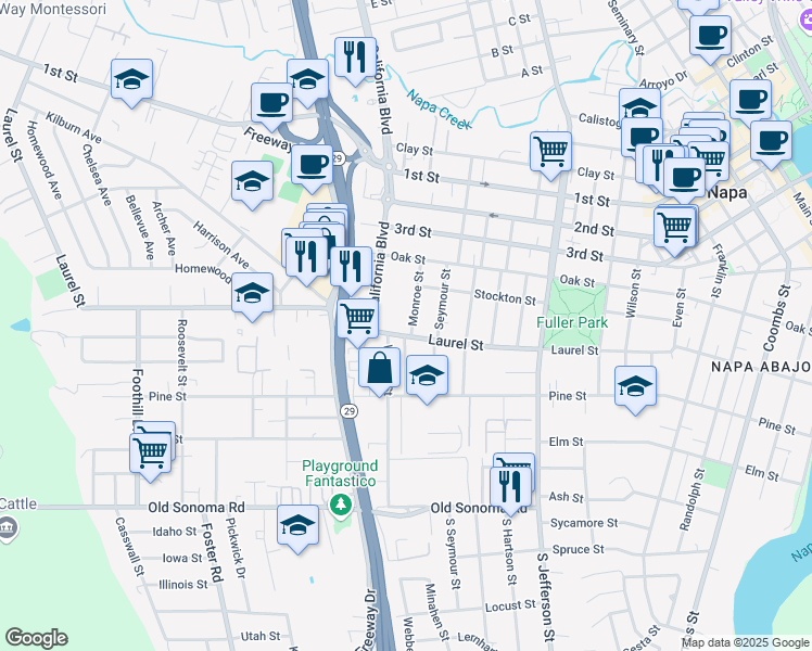map of restaurants, bars, coffee shops, grocery stores, and more near 519 Monroe Street in Napa