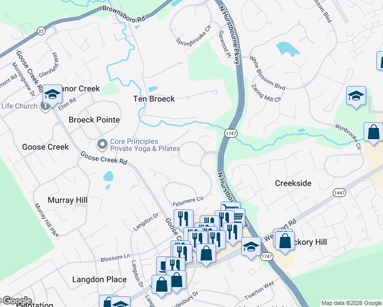 map of restaurants, bars, coffee shops, grocery stores, and more near 3305 Springstead Circle in Louisville