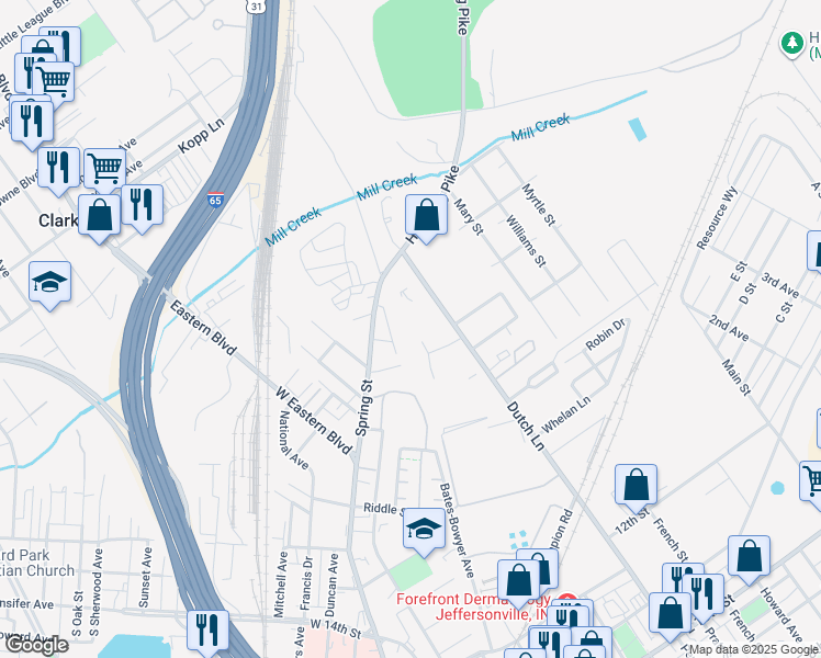 map of restaurants, bars, coffee shops, grocery stores, and more near 2109 Dutch Lane in Jeffersonville
