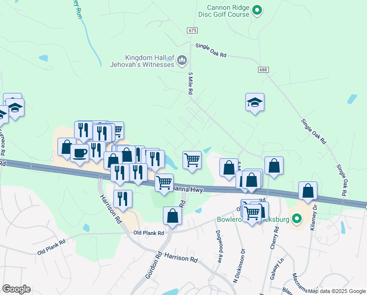 map of restaurants, bars, coffee shops, grocery stores, and more near 12205 Glen Oaks Drive in Fredericksburg