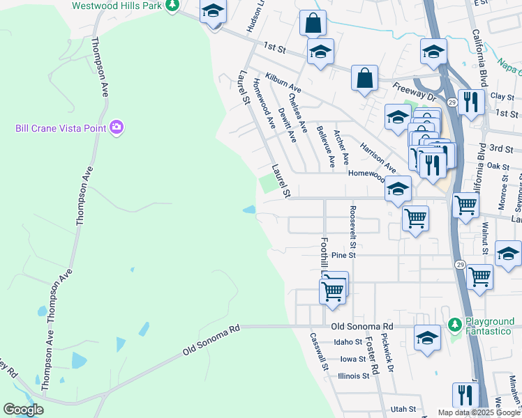 map of restaurants, bars, coffee shops, grocery stores, and more near 45 Griggs Lane in Napa