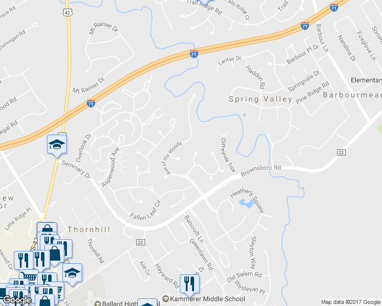 map of restaurants, bars, coffee shops, grocery stores, and more near 2904 Wood Briar Court in Louisville