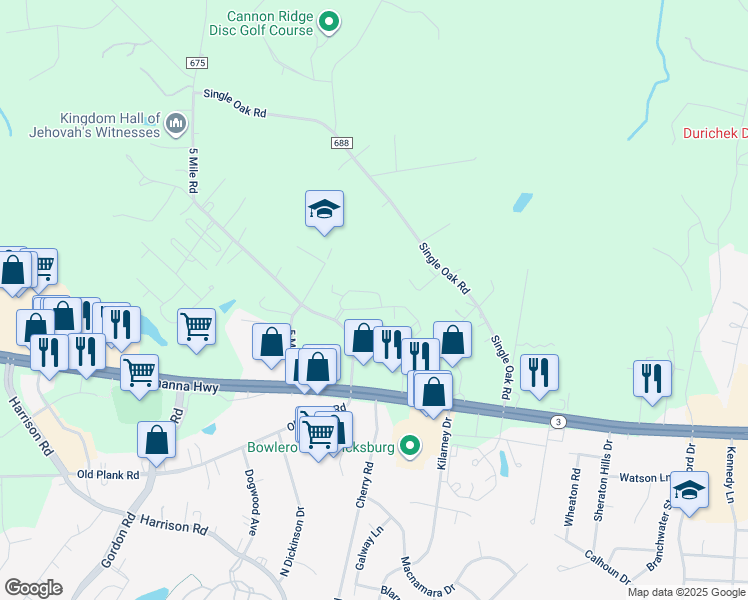 map of restaurants, bars, coffee shops, grocery stores, and more near 6247 Autumn Leaf Drive in Fredericksburg