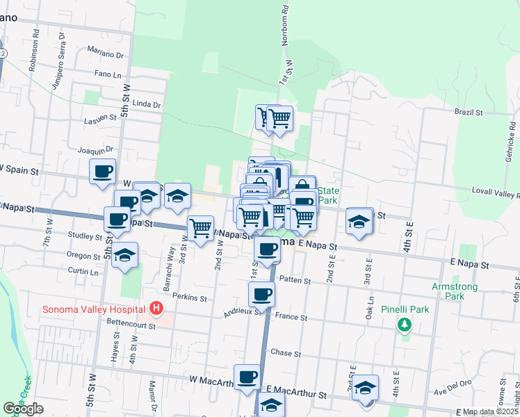 map of restaurants, bars, coffee shops, grocery stores, and more near 421 1st Street West in Sonoma