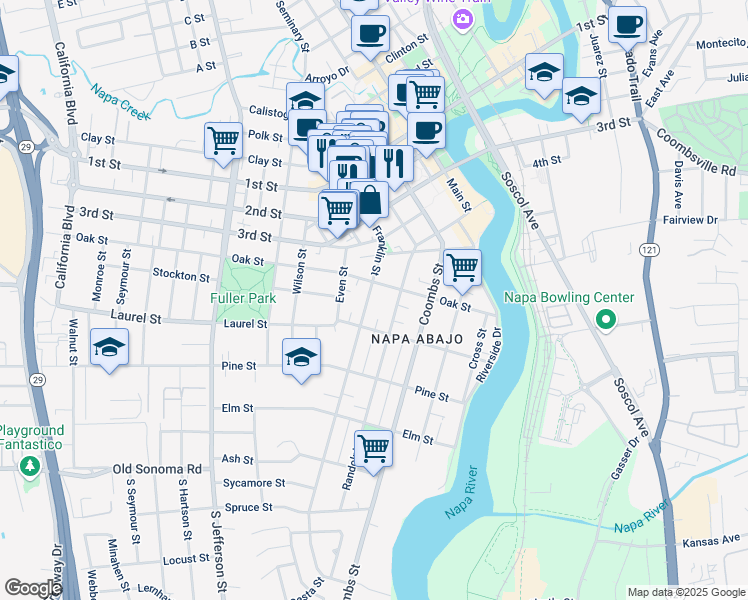 map of restaurants, bars, coffee shops, grocery stores, and more near 466 Franklin Street in Napa