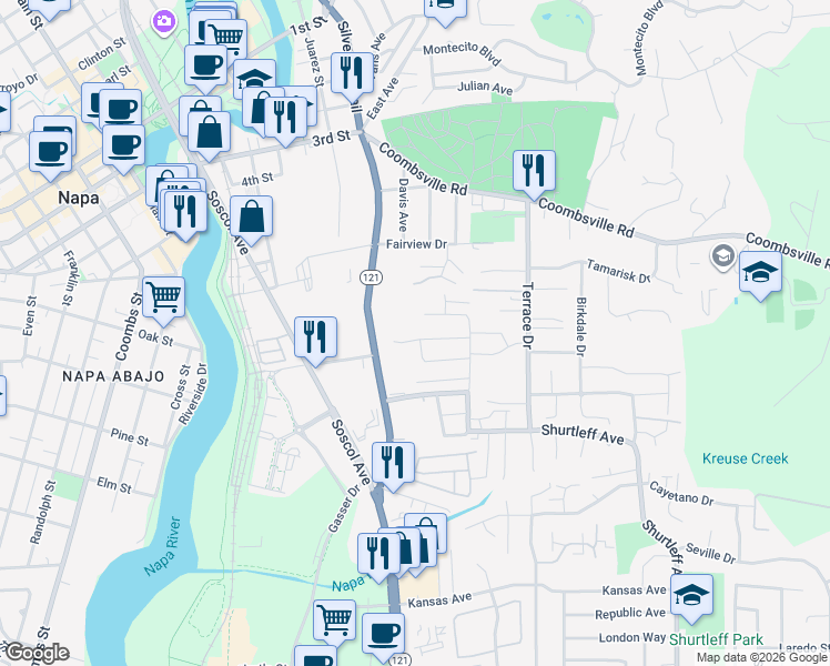 map of restaurants, bars, coffee shops, grocery stores, and more near 166 Sage Way in Napa