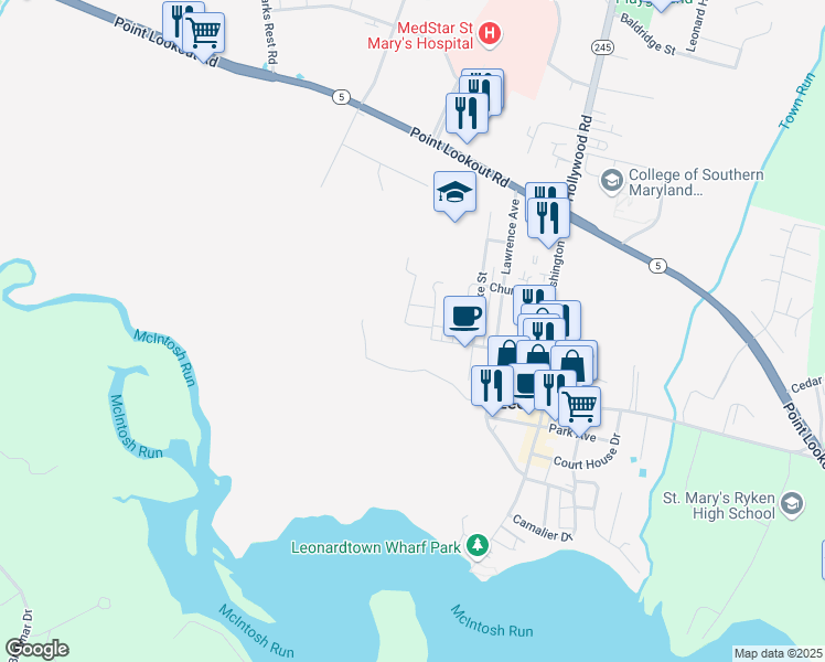 map of restaurants, bars, coffee shops, grocery stores, and more near 41485 Norris Street in Leonardtown