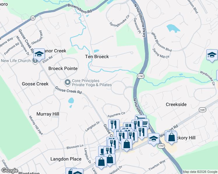 map of restaurants, bars, coffee shops, grocery stores, and more near 9205 Springstead Cove in Louisville