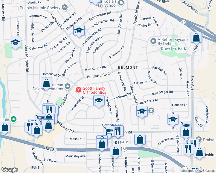 map of restaurants, bars, coffee shops, grocery stores, and more near 1629 Saratoga Road in Pueblo