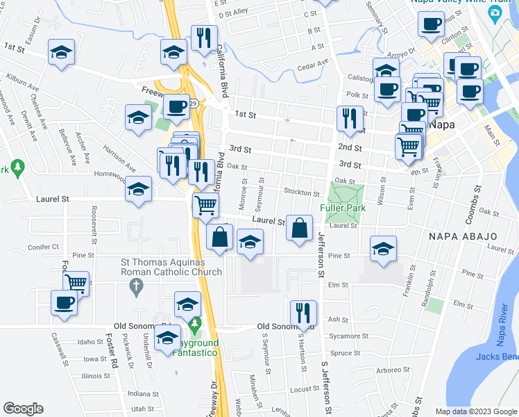 map of restaurants, bars, coffee shops, grocery stores, and more near 534 Seymour Street in Napa