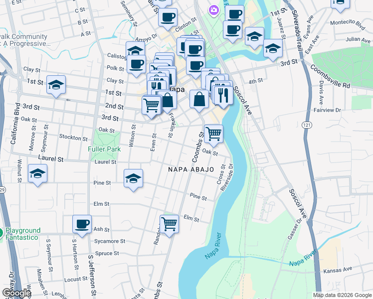 map of restaurants, bars, coffee shops, grocery stores, and more near 492 Randolph Street in Napa