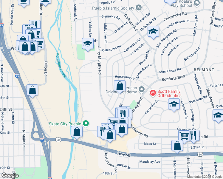 map of restaurants, bars, coffee shops, grocery stores, and more near 1605 Iroquois Road in Pueblo