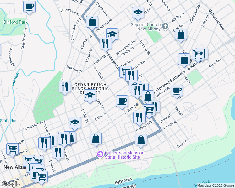map of restaurants, bars, coffee shops, grocery stores, and more near 1508 East Oak Street in New Albany