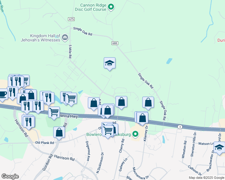 map of restaurants, bars, coffee shops, grocery stores, and more near 6375 Autumn Leaf Circle in Fredericksburg