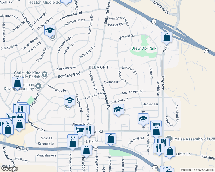 map of restaurants, bars, coffee shops, grocery stores, and more near 29 Normandy Circle in Pueblo